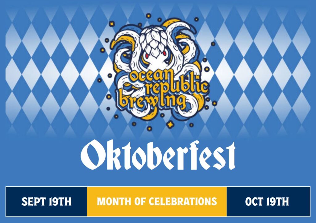 Ocean Republic Brewing Oktoberfest logo featuring their octopus logo and a diamond checked blue and white background